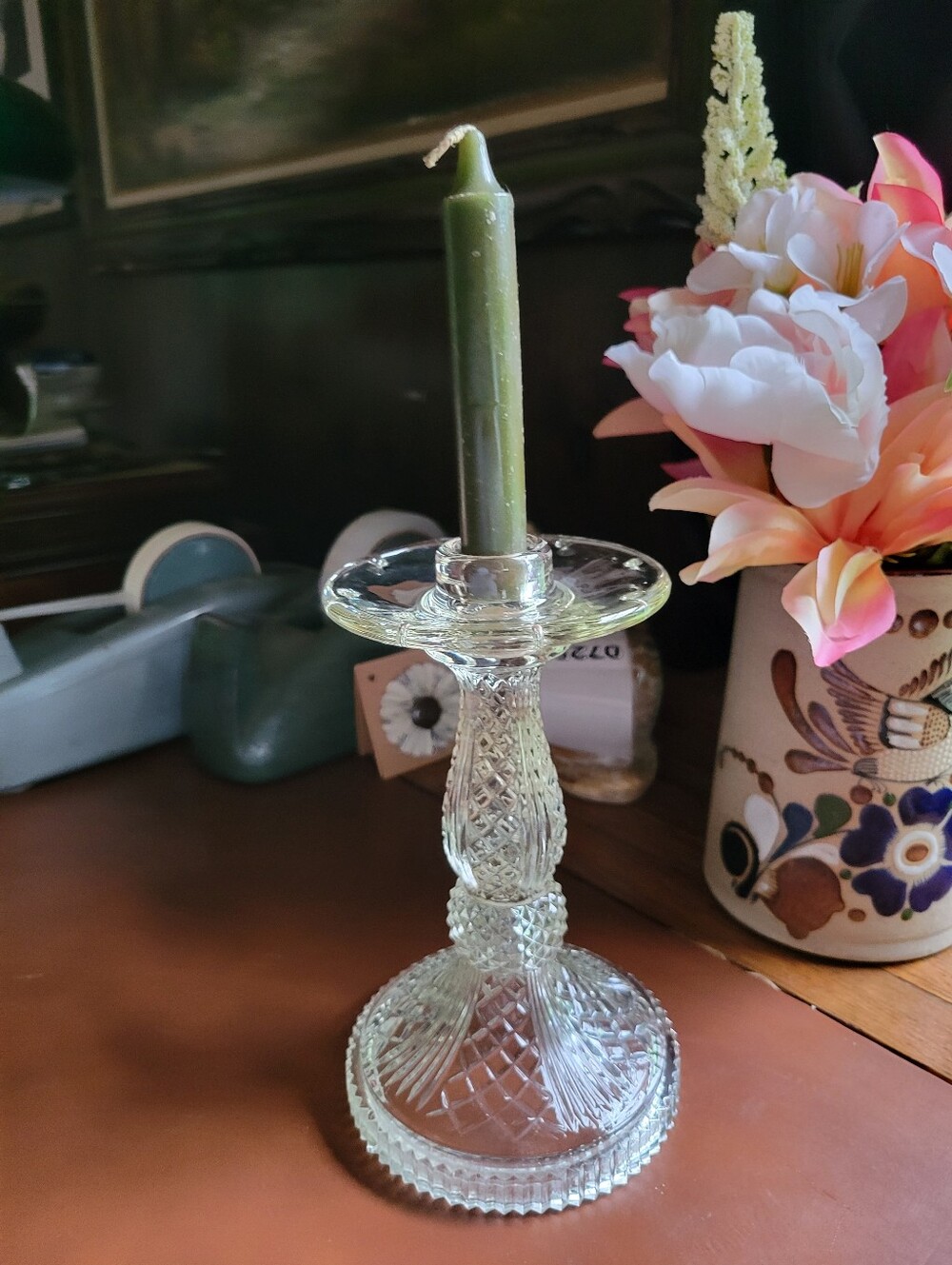 Victorian Clear Glass Crystal Prism Pendant Drops Candle Stick Holder Size 7"